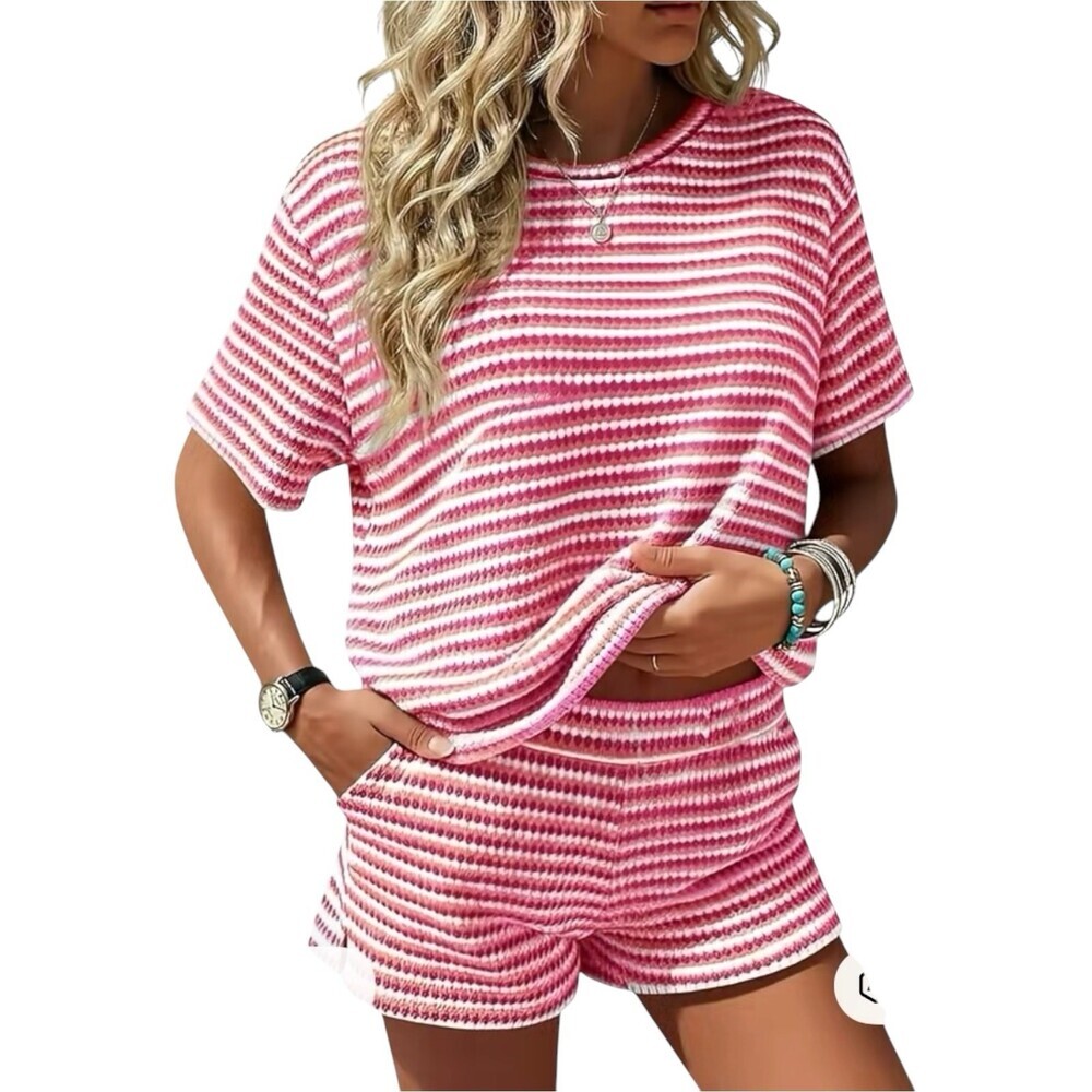 Fisoew Striped 2-Piece Shorts Knit Set Large Pink Short Sleeve Shirt Pockets NWT